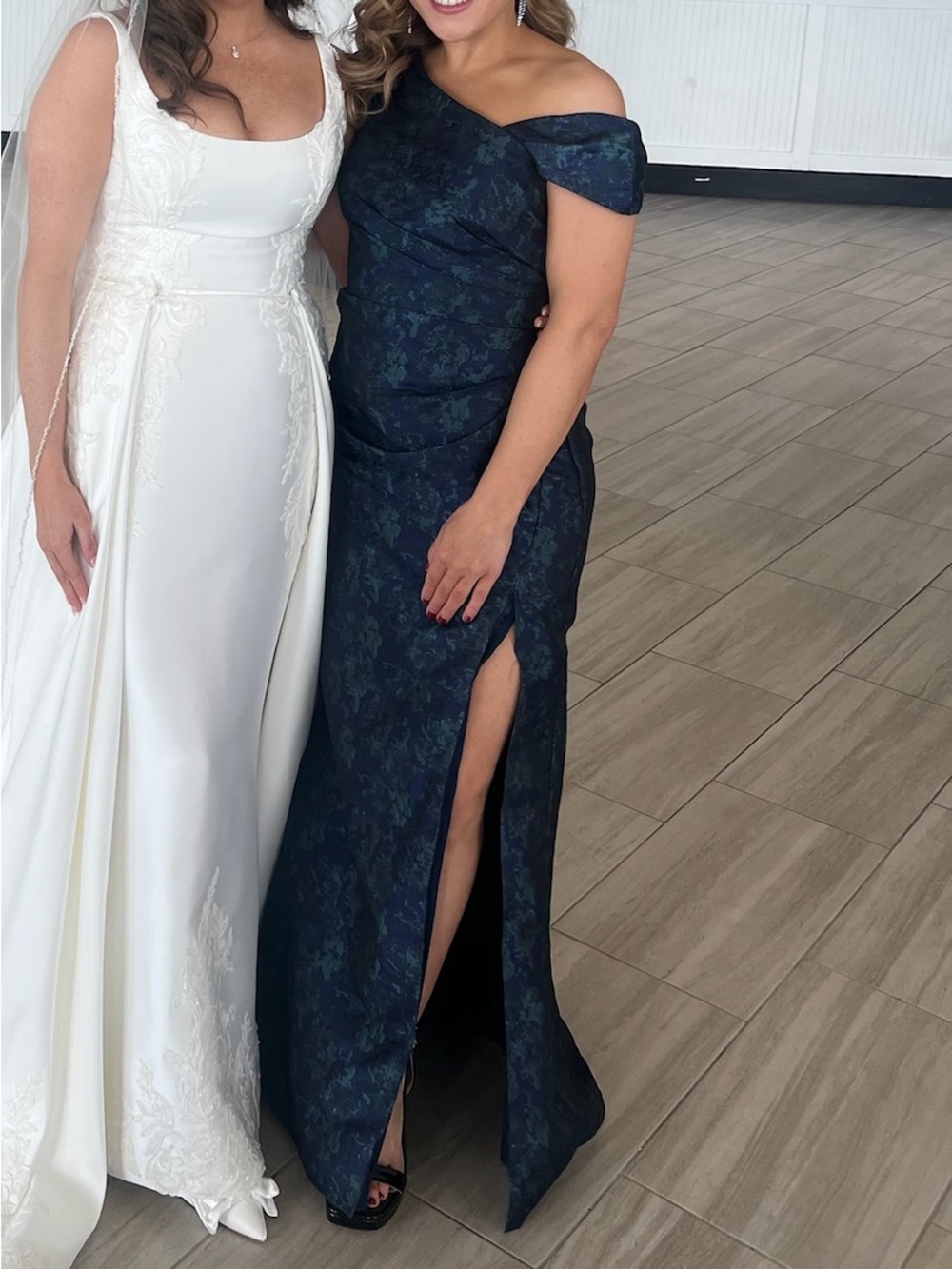Navy Blue Floral Jacquard One-Shoulder Gown